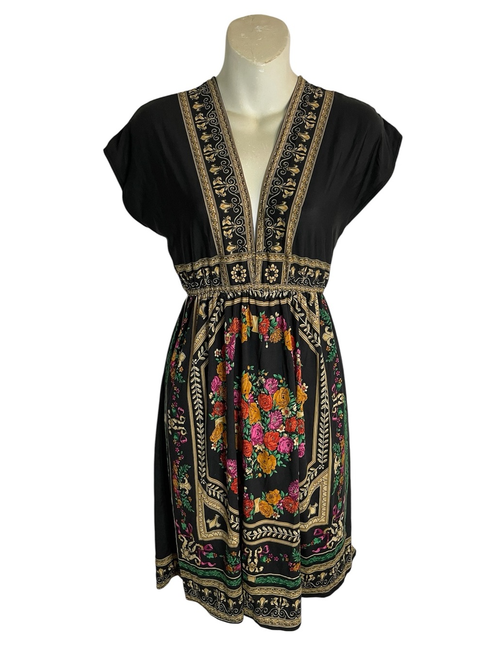 Poetry Black Floral Midi Dress Deep V-Neck with Gold Trim Boho Size Small